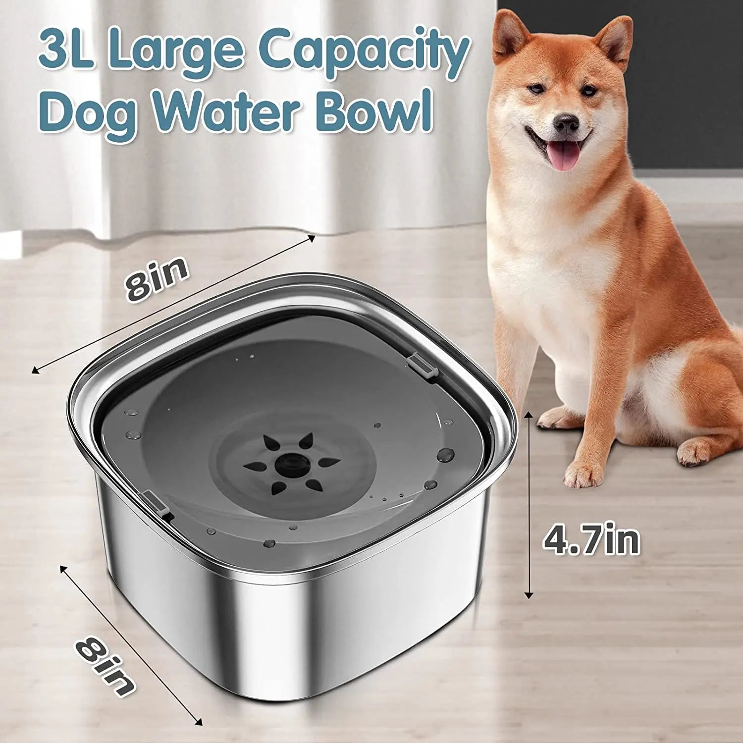 Gamelle flottante pour chien en acier inoxydable, capacité élevée de 3 litres, conception carrée et cuvette intérieure noire dotée d’un écoulement en forme d’étoile.