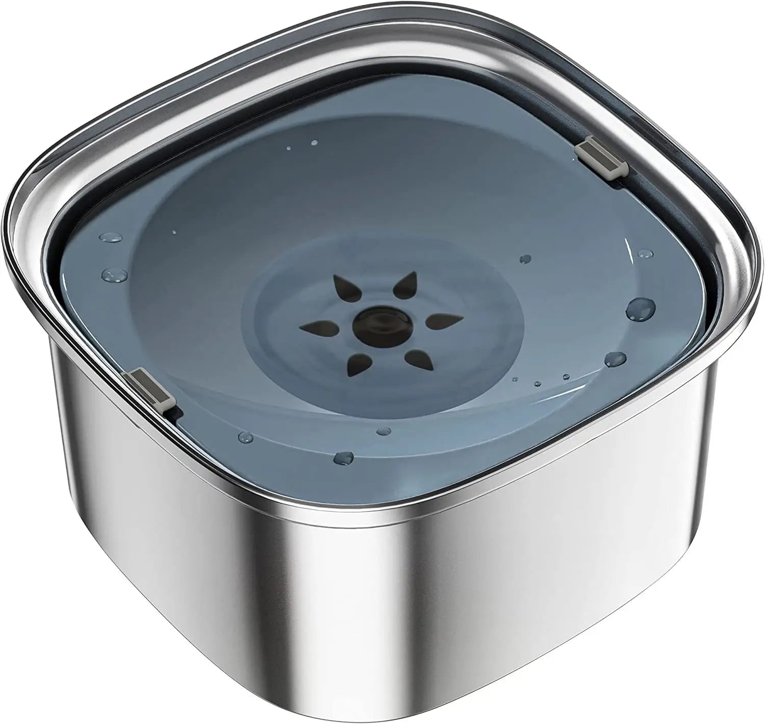 Gamelle flottante pour chien en acier inoxydable avec couvercle gris translucide et bec central en forme de soleil pour l’hydratation de l’animal.