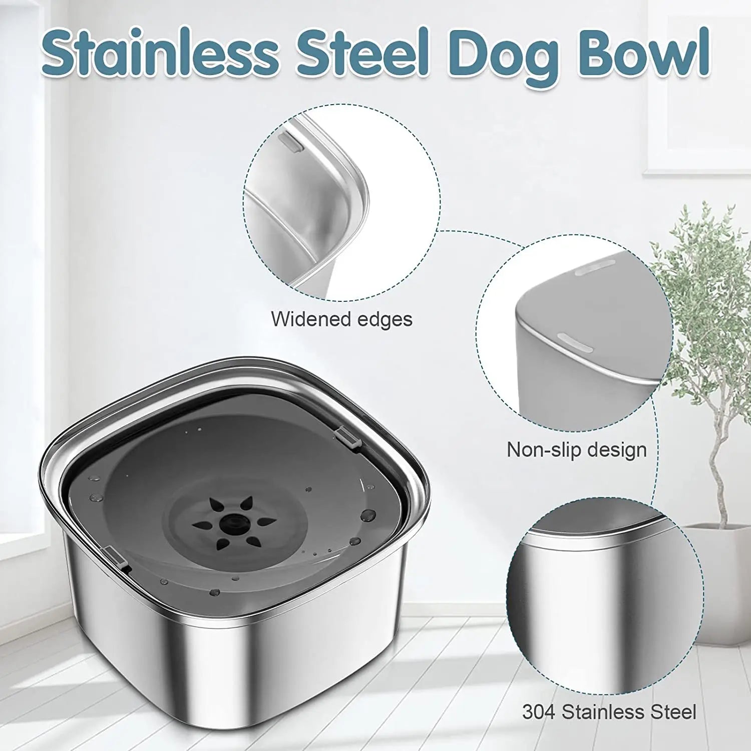 Gamelle flottante pour chien en acier inoxydable avec finition réfléchissante élégante et coins arrondis.