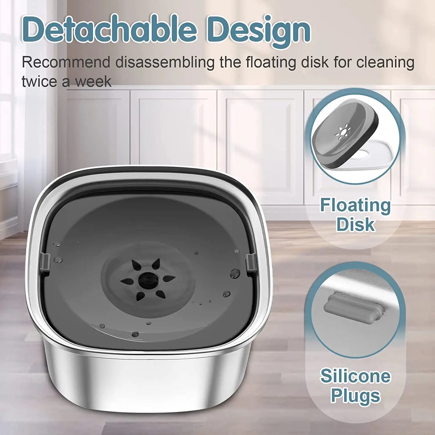 Base de gamelle flottante pour chien en acier inoxydable avec disque flottant amovible et prises en silicone pour les animaux.