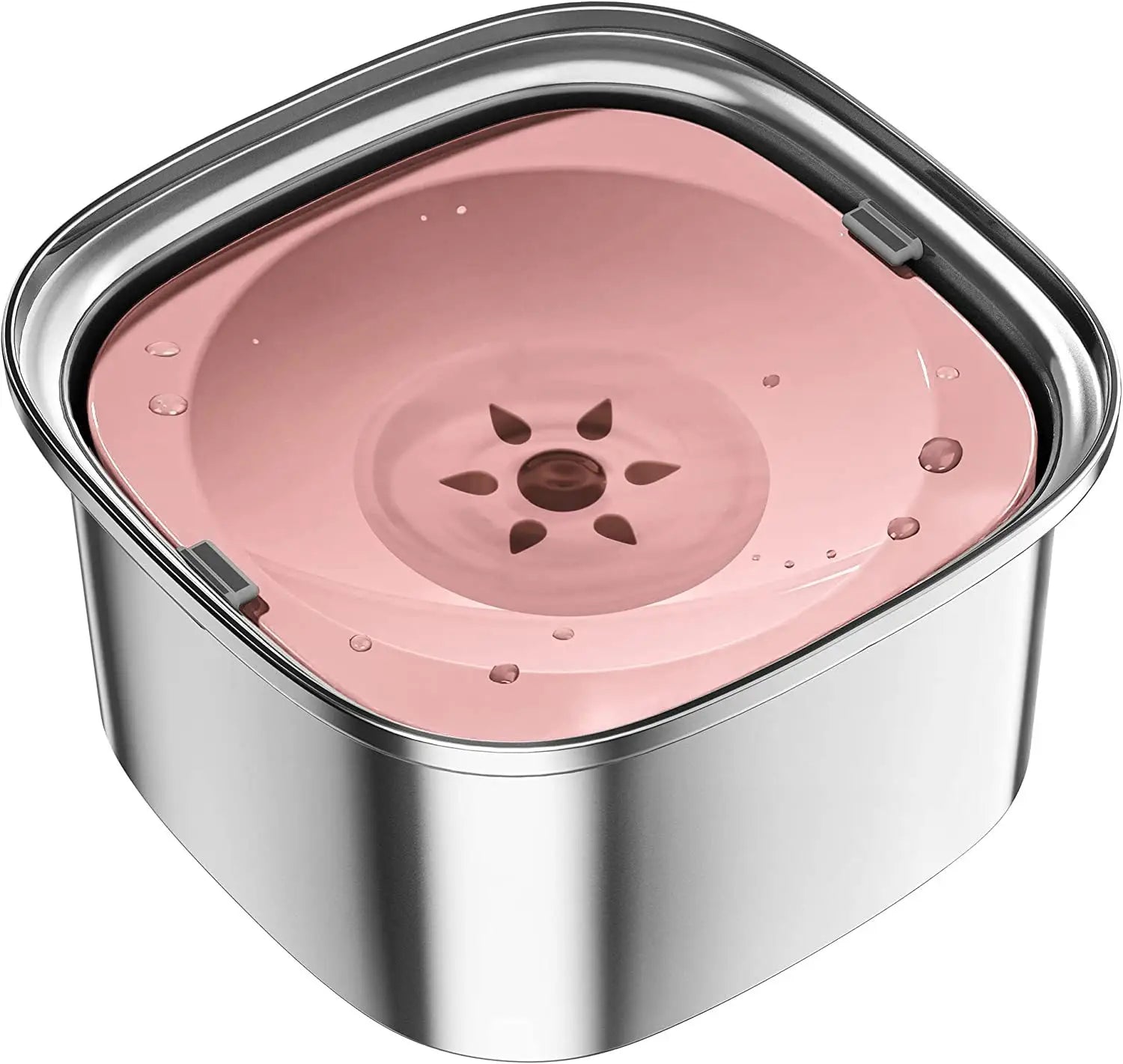 Gamelle flottante pour chien en acier inoxydable, munie d’un couvercle en plastique rose translucide avec une sortie d’eau en forme de soleil située au-dessus d’une base en acier inoxydable