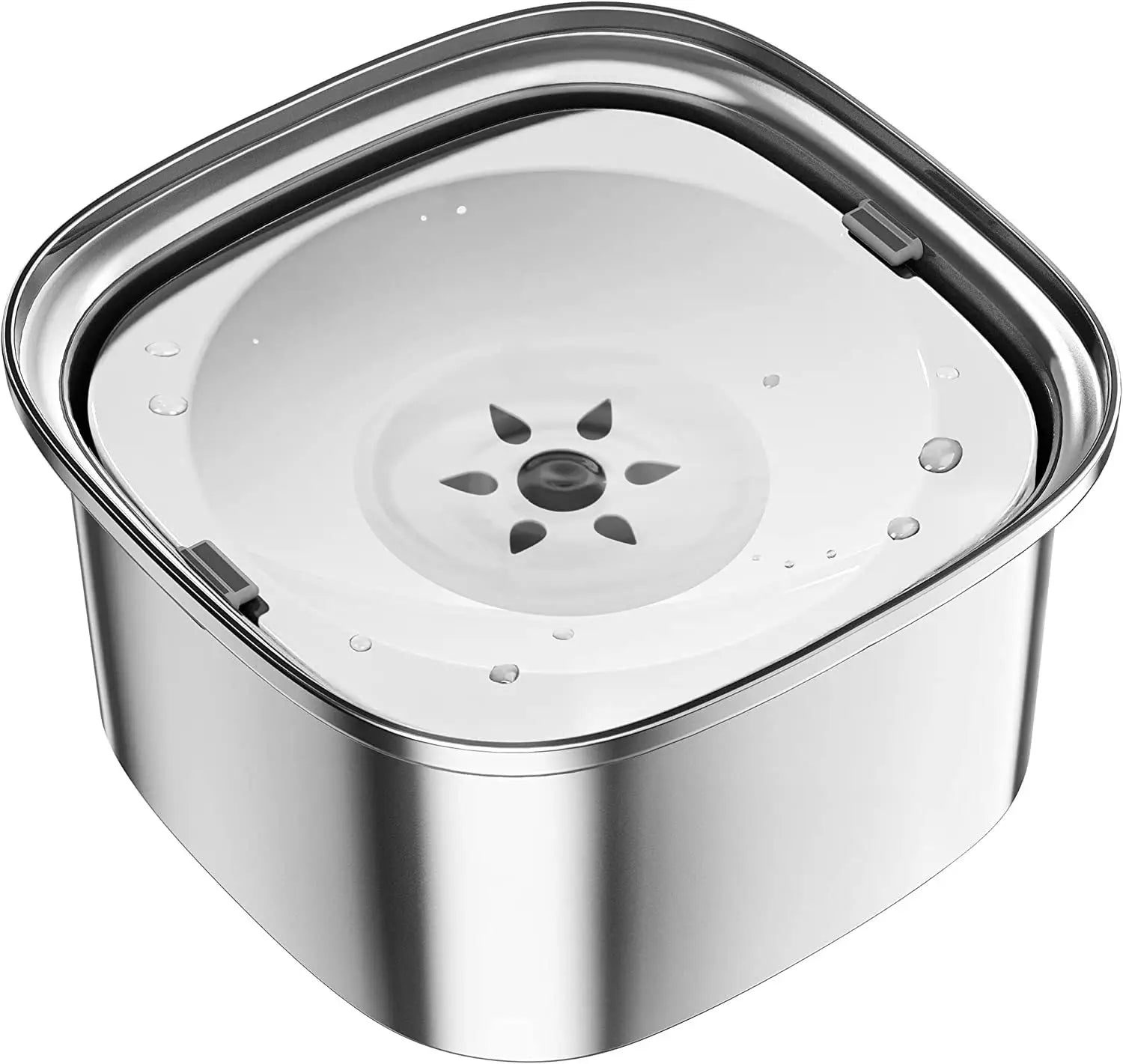 Gamelle flottante pour chien en acier inoxydable avec corps réfléchissant carré et couvercle transparent, doté d’un bec central en forme de soleil pour l’hydratation de l’animal.