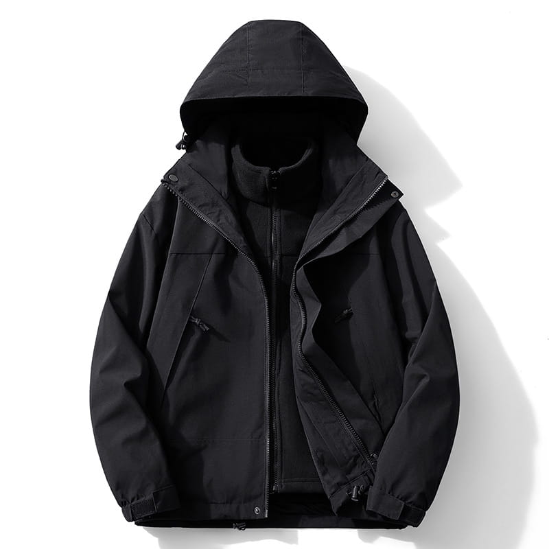 Chaqueta de exterior negra con capucha, con diseño moderno y estilizado y tejido resistente en la chaqueta de caparazón impermeable 3 en 1 para parejas.