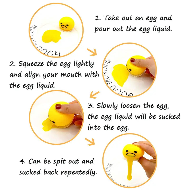 A yellow, squishy, egg-shaped Gudetama vomiting egg yolk stress relief toy with a cute face design.