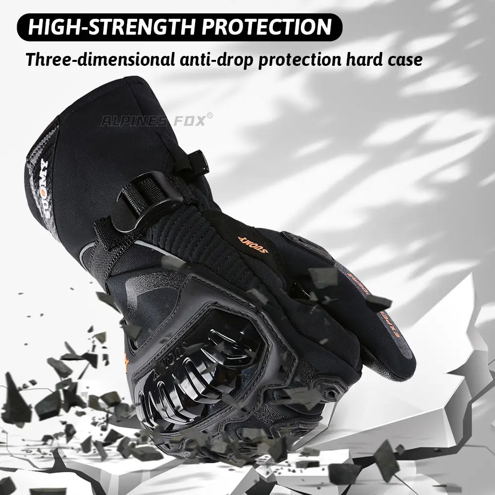 Black alpine fox motorcycle glove back side with reinforced three-dimensional anti-drop protection and orange branding accents designed as waterproof winter motorcycle riding gloves.