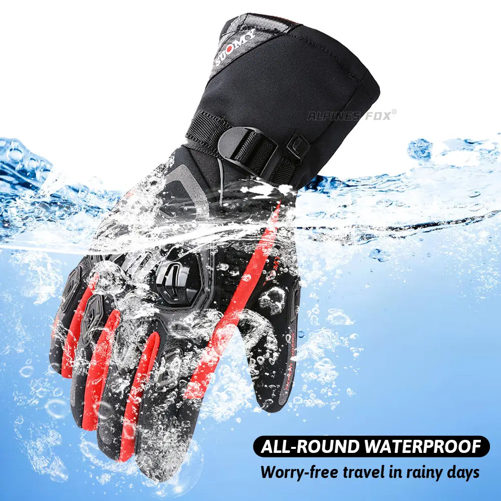Black and red waterproof winter motorcycle riding glove shown from the back with reinforced knuckle protection for all-weather riding.