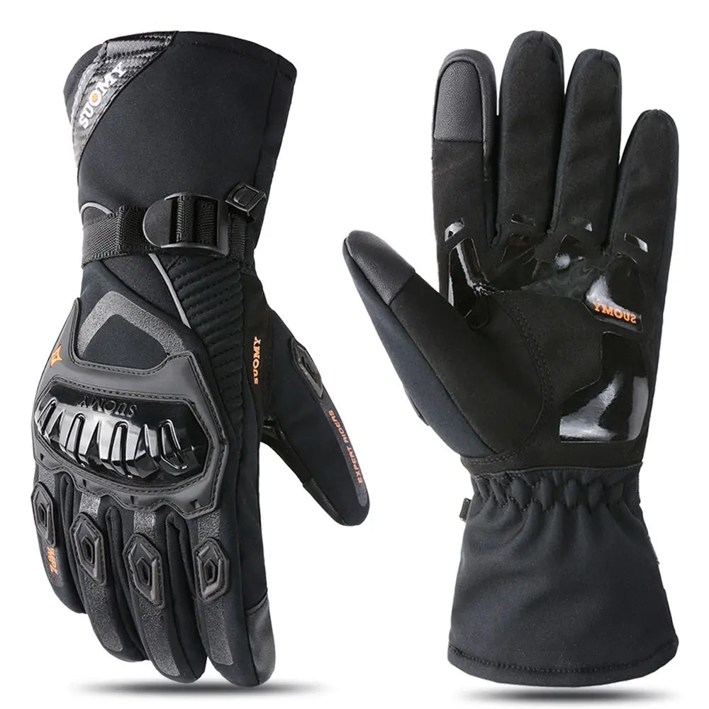 Black and gray waterproof winter motorcycle riding gloves shown from the back with reinforced knuckle guards, textured grip panels on the fingers, and a snug elastic cuff.