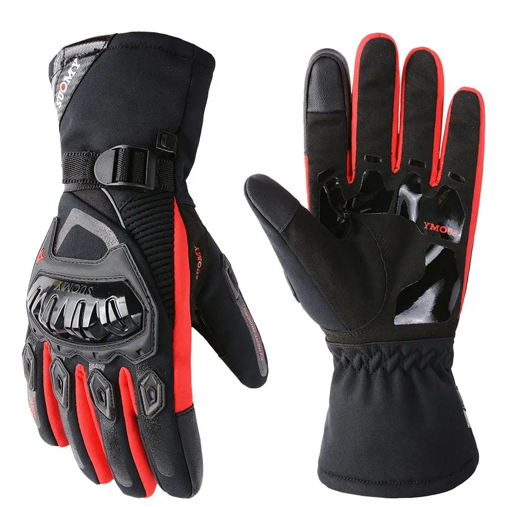 black and red ymoon waterproof winter motorcycle riding gloves shown from the back with reinforced armor panels and an adjustable wrist strap