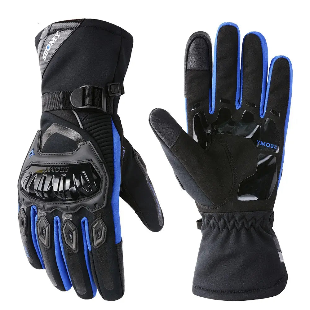 Black and blue waterproof winter motorcycle riding gloves with reinforced knuckle protection and adjustable wrist strap shown from the back side.