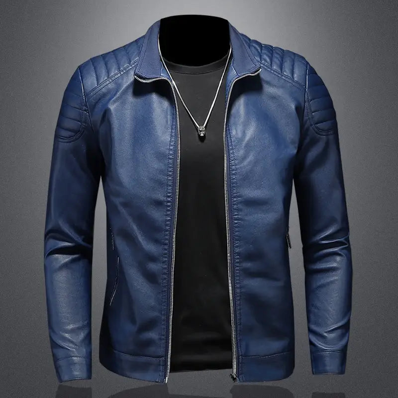 Men’s slim fit blue faux leather motorcycle jacket with quilted shoulder panels and silver zipper accents.