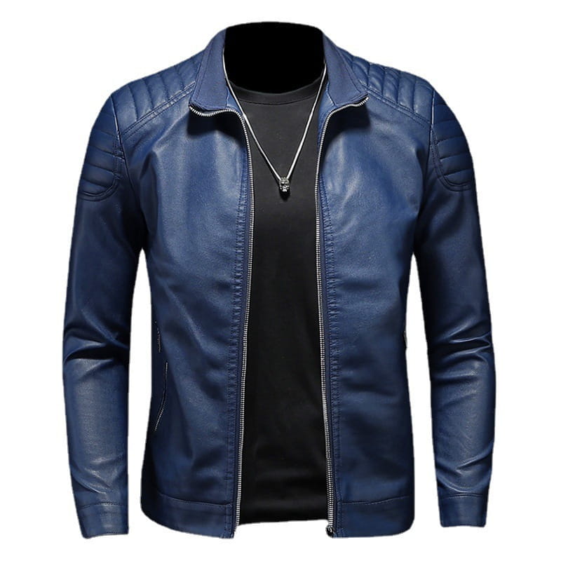Men’s slim fit deep blue faux leather motorcycle jacket with quilted shoulder panels and silver zipper accents.