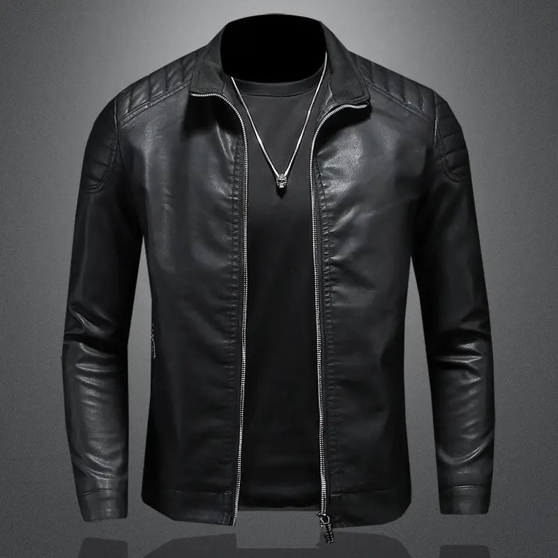 Men’s black leather motorcycle jacket with slim fit, quilted shoulder panels, and silver zipper trim for biker coat use.