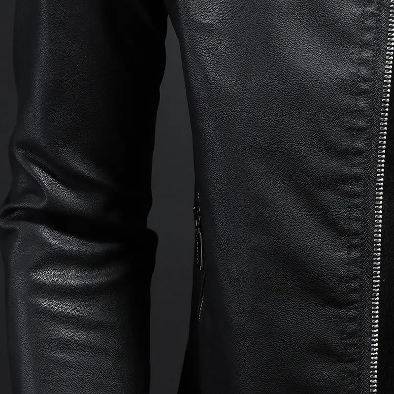 black leather men’s slim fit motorcycle jacket with a side zipper detail for biker style.