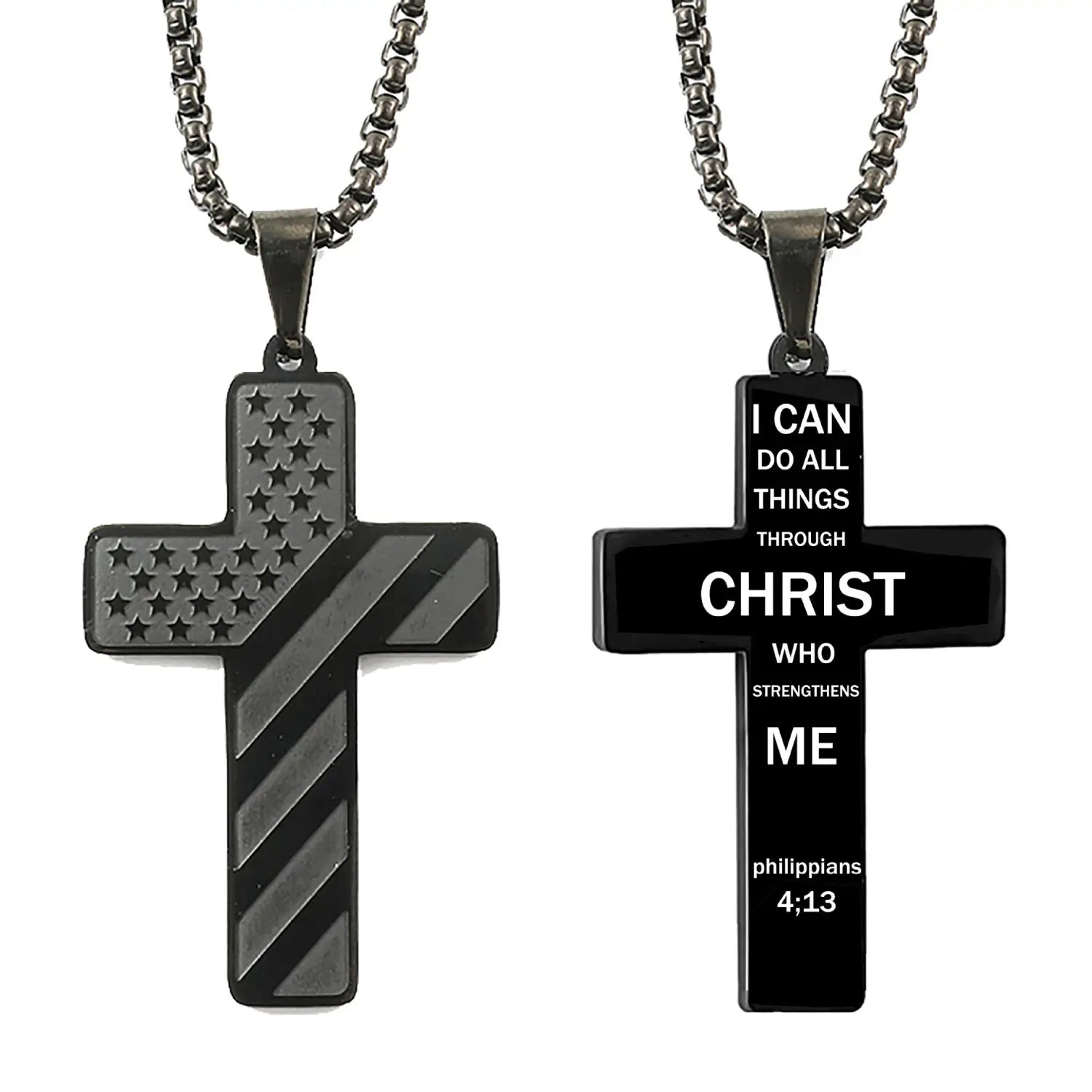 Black stainless steel cross pendant necklaces featuring an American flag design and an engraved Bible verse from Philippians 413 for faith-inspired wear.