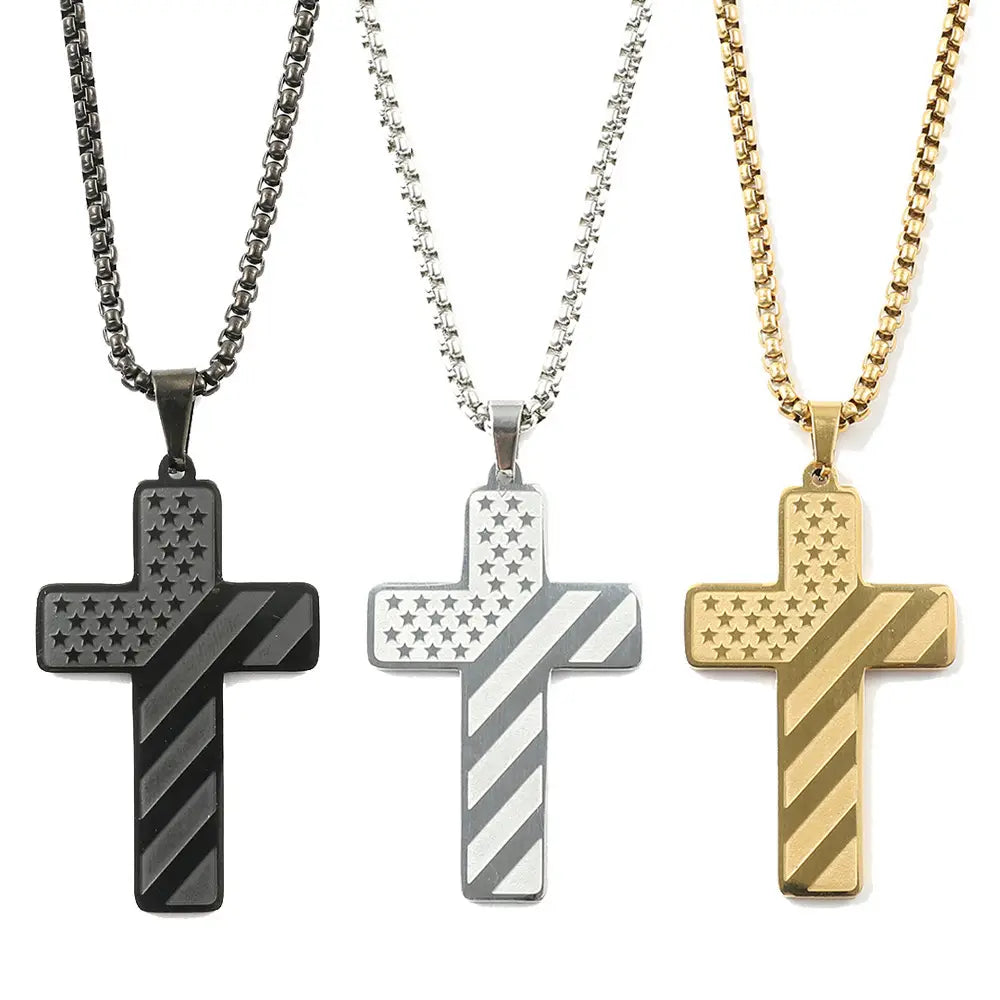 Three stainless steel American Flag Bible Verse cross pendant necklaces featuring stars and stripes in black silver and gold finishes.