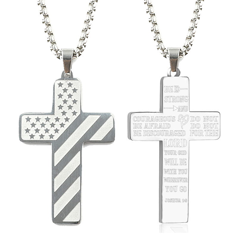 silver cross pendant necklaces featuring an american flag design and a biblical verse engraving in a polished silver finish