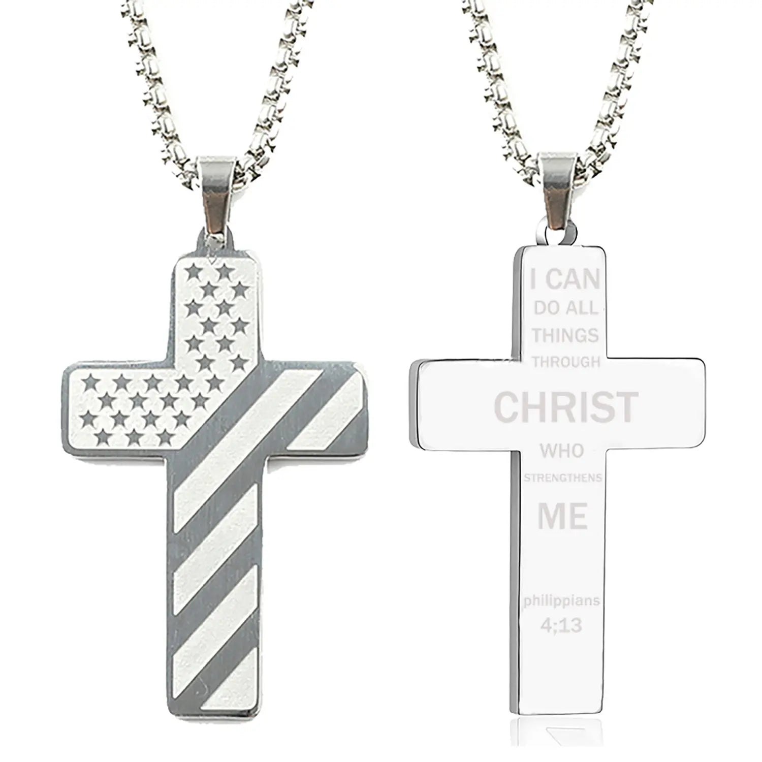 Silver cross pendant necklaces featuring an American flag design and an engraved Bible verse from Philippians 4:13 on polished metal for patriotic and inspirational wear.