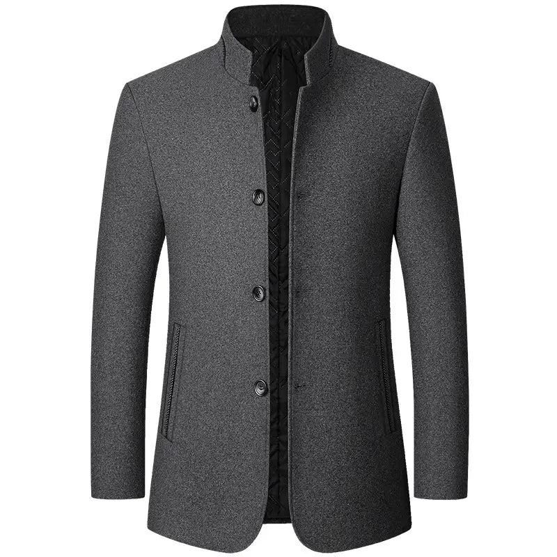 men woolen zhongshan suit standing collar jacket in dark gray with black buttons made of woolen fabric and featuring a stand-up collar