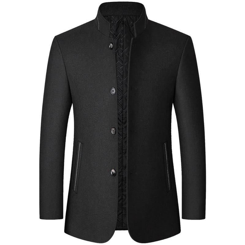 Men woolen Zhongshan suit standing collar jacket in black with a stand-up collar and three front buttons made from wool.