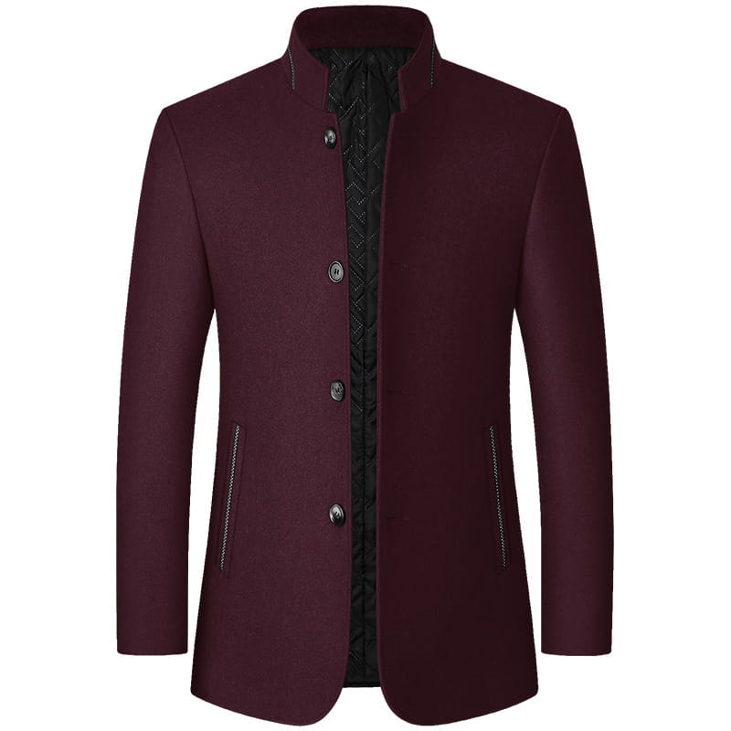 Men woolen Zhongshan suit standing collar jacket in maroon with silver buttons and black diamond-patterned inner lining made of wool.