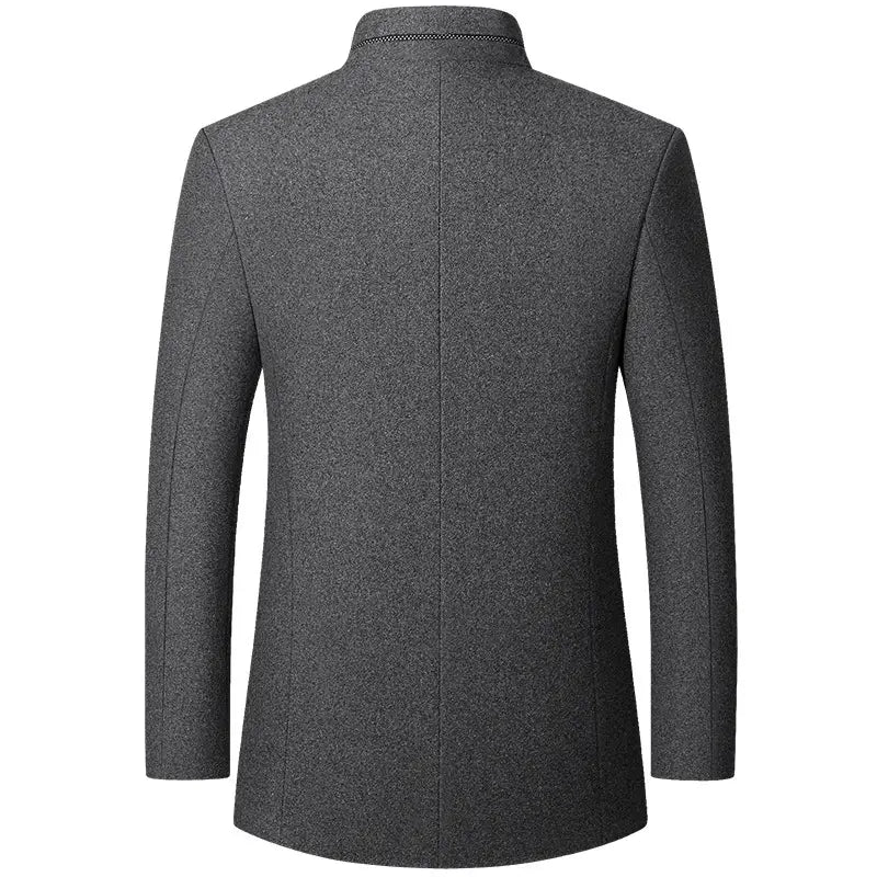 Men woolen Zhongshan suit standing collar jacket in sleek dark gray wool blend with subtle textured weave and classic stand-up collar.