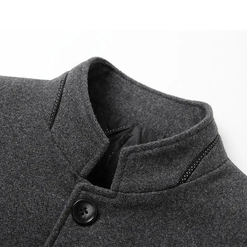 Men woolen Zhongshan suit standing collar jacket in dark gray featuring a stand-up collar and black button closure made of woolen material.