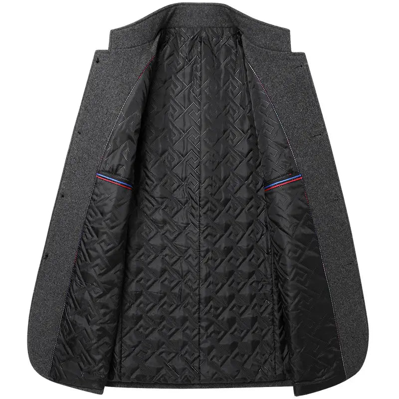 Men woolen Zhongshan suit standing collar jacket in dark gray with quilted black interior featuring geometric stitching and subtle red white and blue trim along the pockets.