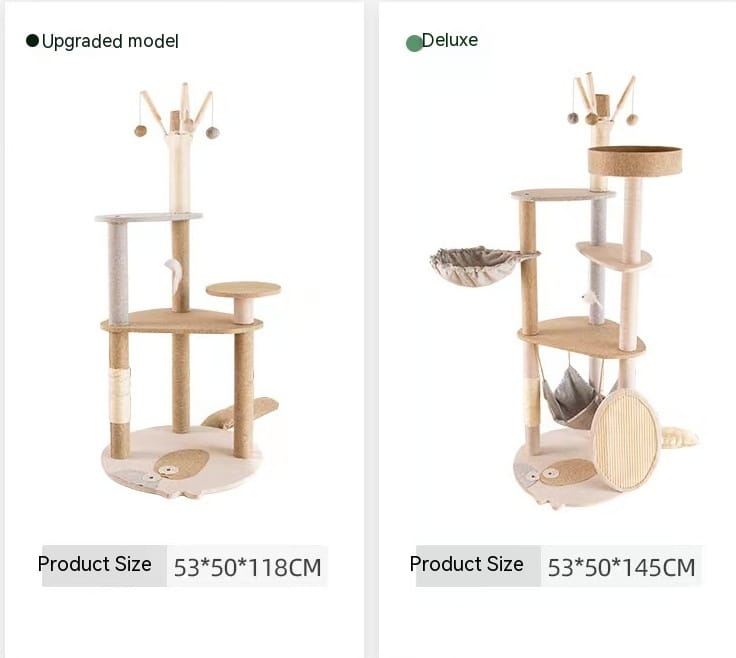 Beige and light wood large wooden cat tree climbing frame with sisal scratching posts, platforms, hanging hammock, and dangling toys for cat climbing and play.
