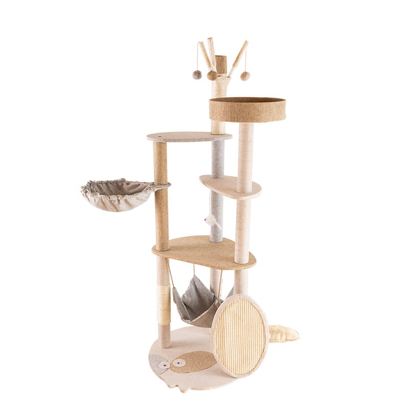 Beige large wooden cat tree climbing frame with multi-level wooden platforms sisal scratching posts and hanging hammocks.