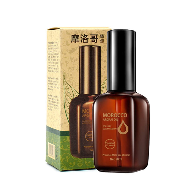Un frasco elegante de vidrio ámbar con aceite de argán de Marruecos para el cuidado del cabello seco y dañado, con tapa negra y etiqueta en tono dorado, de 50 ml.