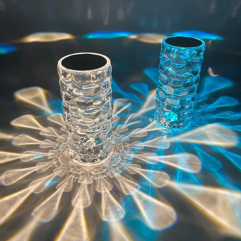 Crystal table lamp touch control diamond led night light featuring clear textured glass vases with a faceted honeycomb pattern and one vase with a vibrant blue tint.