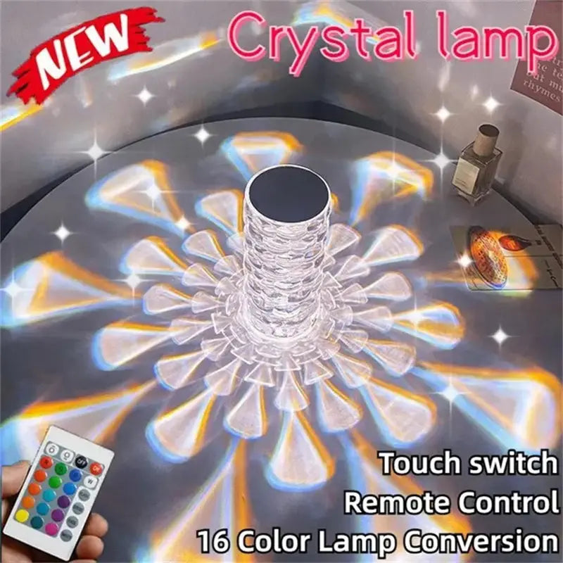 Crystal table lamp touch control diamond led night light with clear crystal tiered petal design and 16 color led lighting options.