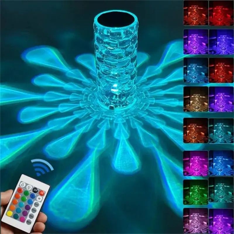 Crystal table lamp touch control diamond led night light with clear textured glass cylindrical body and intricate patterned design projecting colorful light patterns.