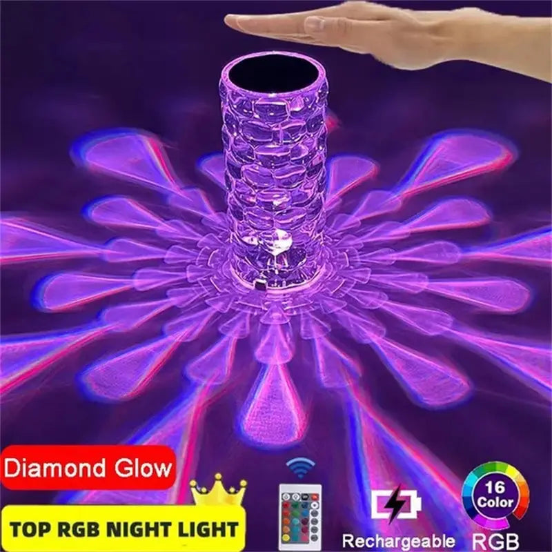 Crystal table lamp touch control diamond led night light featuring a crystal-clear faceted cylindrical design with a diamond glow effect and 16 color RGB lighting.