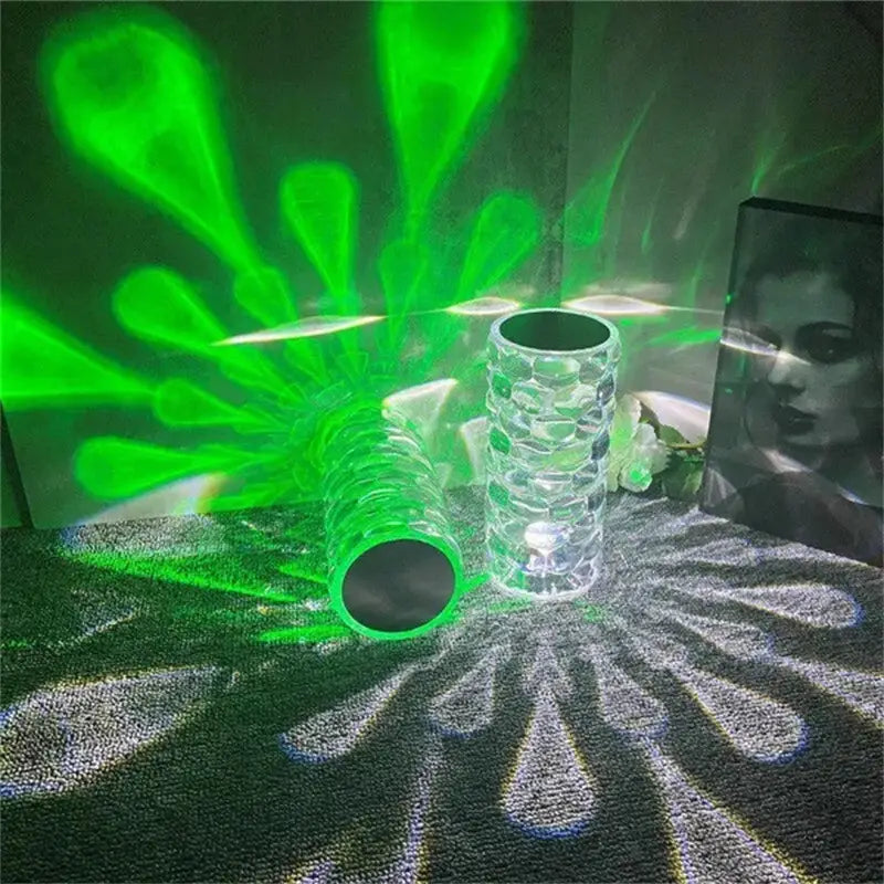 Crystal table lamp touch control diamond led night light featuring a clear glass cylindrical vase with a textured honeycomb pattern and green laser light projection effect.