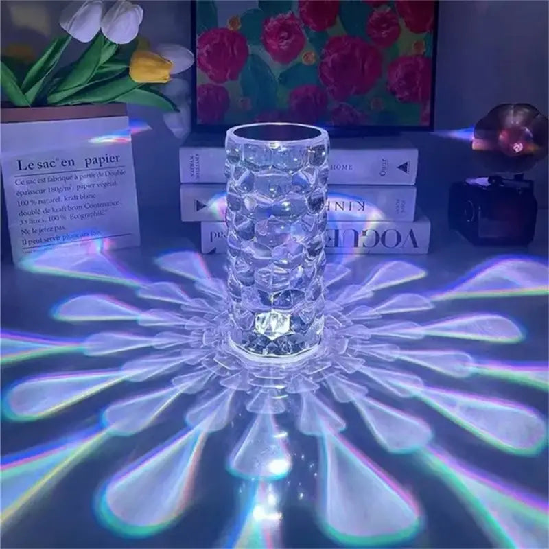 Crystal table lamp touch control diamond led night light featuring a clear faceted crystal vase with a textured geometric pattern that refracts light into vibrant rainbow prisms.