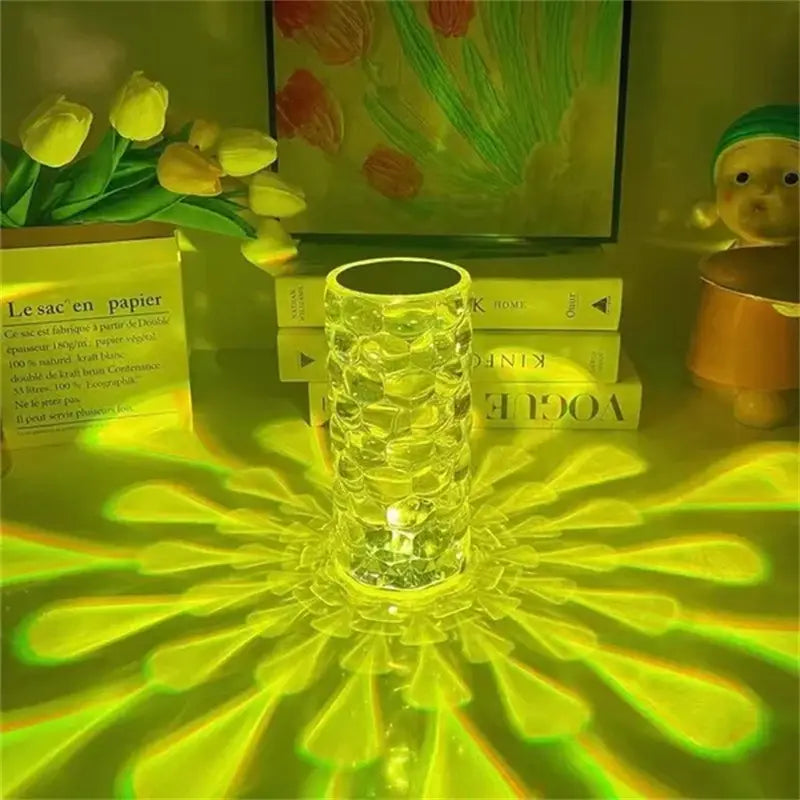 Crystal table lamp touch control diamond led night light featuring a clear textured glass candle holder with a faceted design projecting vibrant green and yellow light patterns onto the surface below.