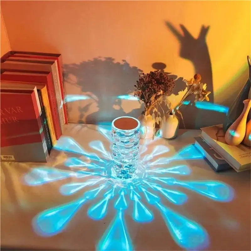 Crystal table lamp touch control diamond led night light featuring a clear textured glass vase with a glowing blue light projection pattern.