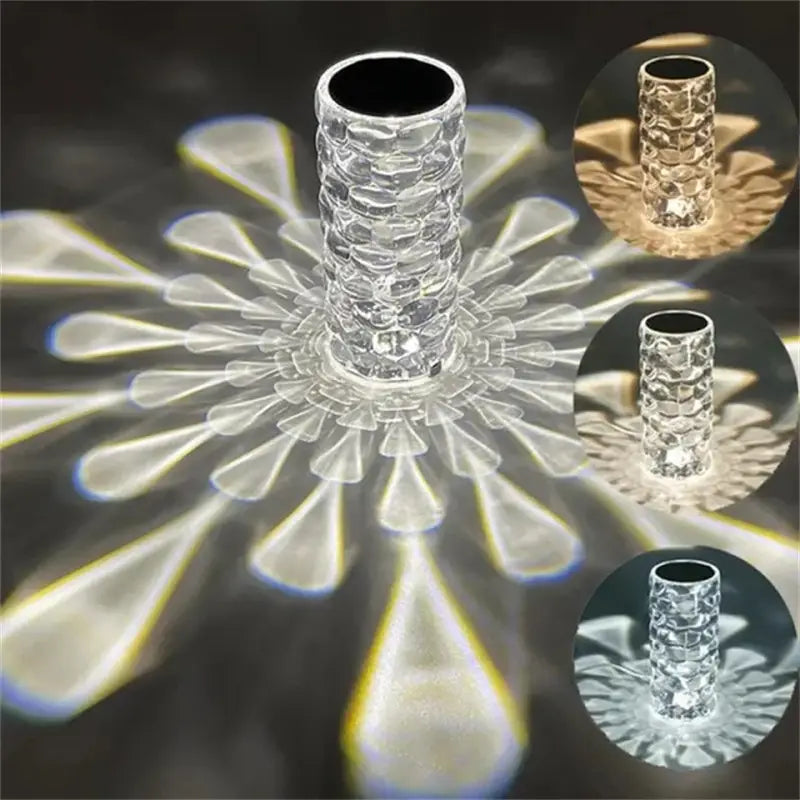 Crystal table lamp touch control diamond led night light featuring a clear textured glass candle holder with a faceted design that projects radiant light patterns.