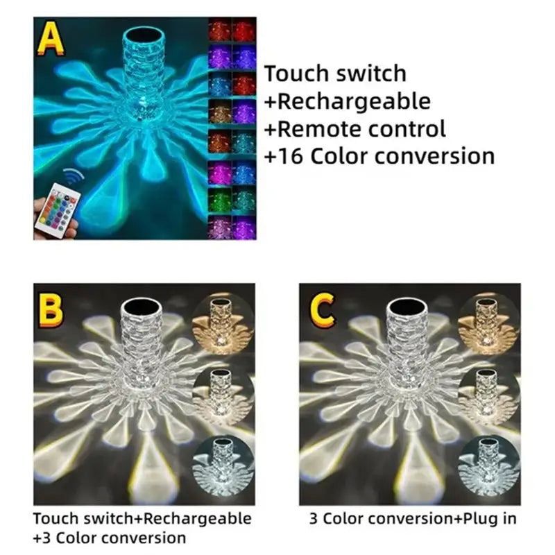 Crystal table lamp touch control diamond led night light featuring a clear crystal led candle holder with touch switch rechargeable battery and remote control for 16 color options.