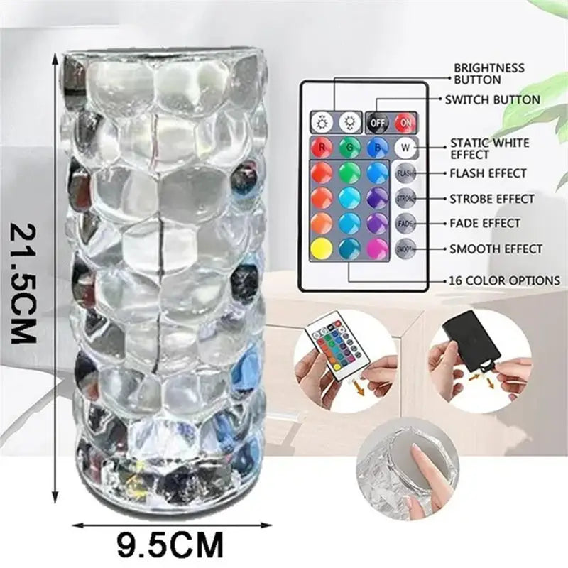 Clear textured glass crystal table lamp with embedded LED lights and remote control offering 16 color effects for use as a diamond LED night light.