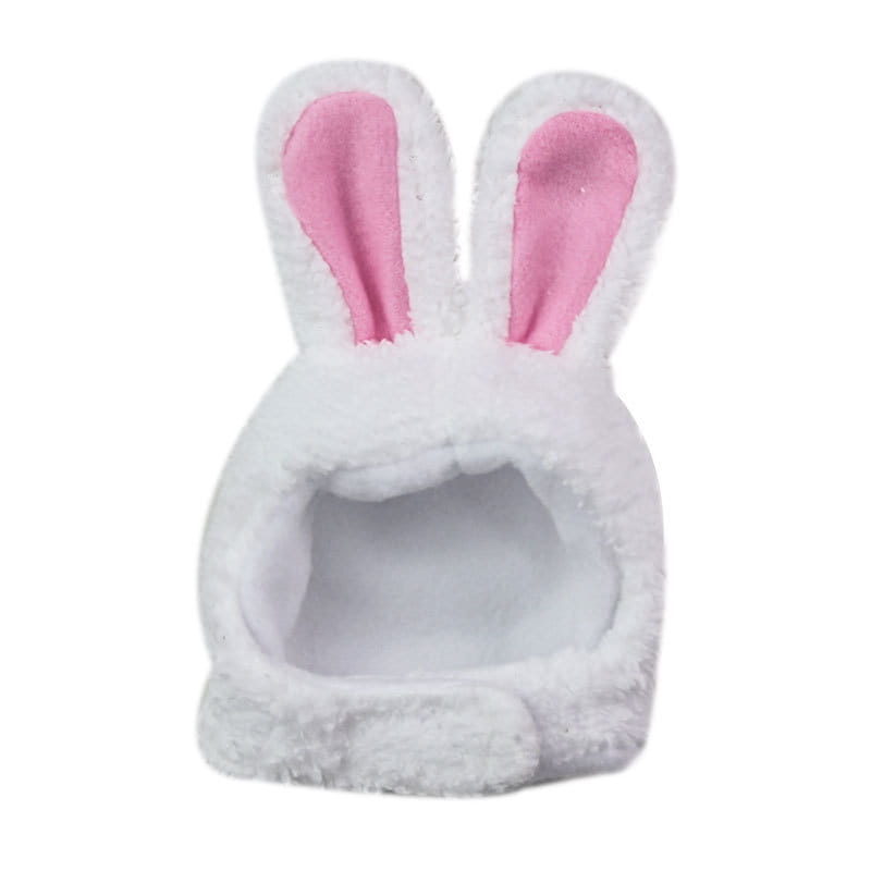plush bunny ear pet hat made of fluffy white fabric with pink inner ear linings designed for pets.