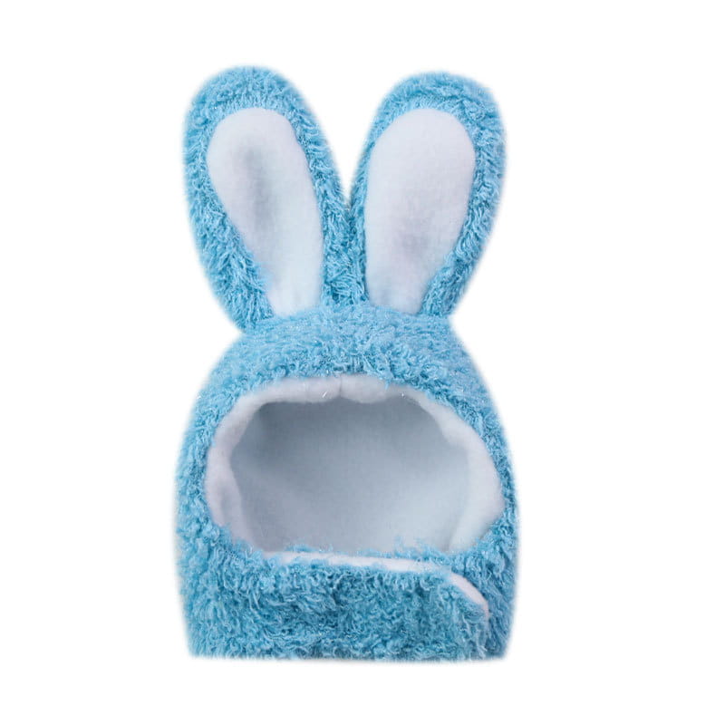 A soft light blue plush bunny ear pet hat with a white inner lining made of fuzzy material.
