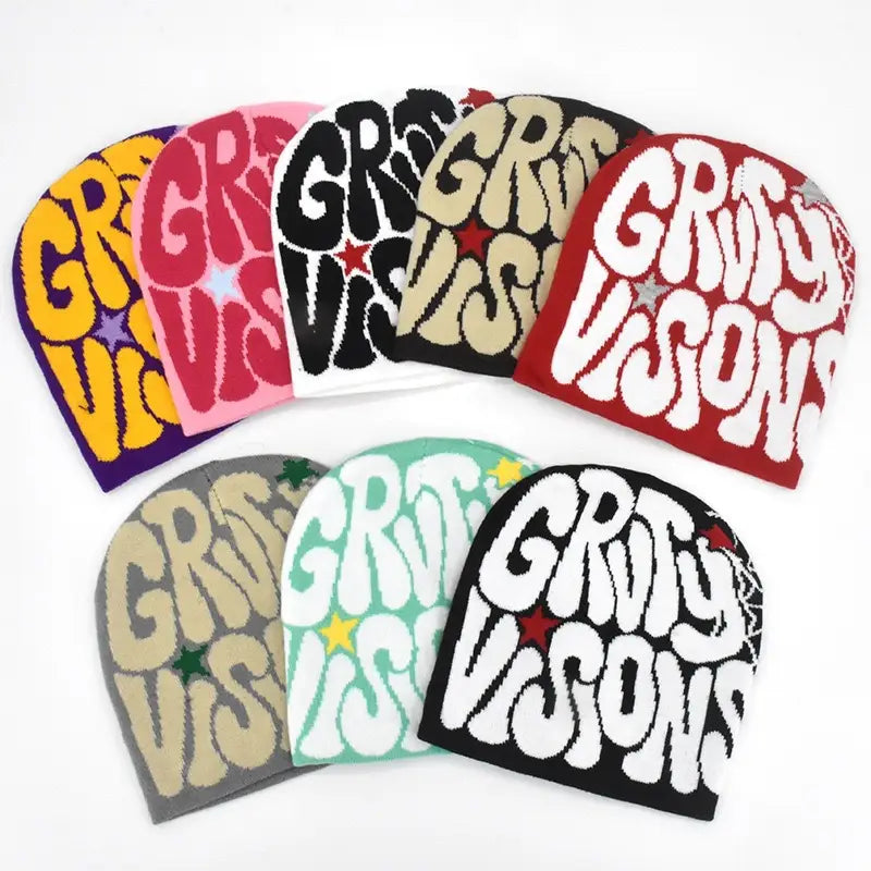Colorful knitted letter jacquard beanie hats made of knit material featuring bold gritty visions lettering and star accents.