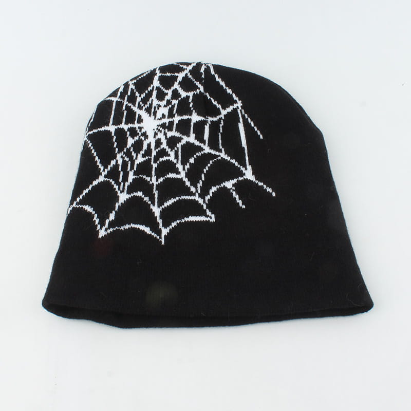 Black knit knitted letter jacquard beanie hat featuring a white spiderweb pattern.