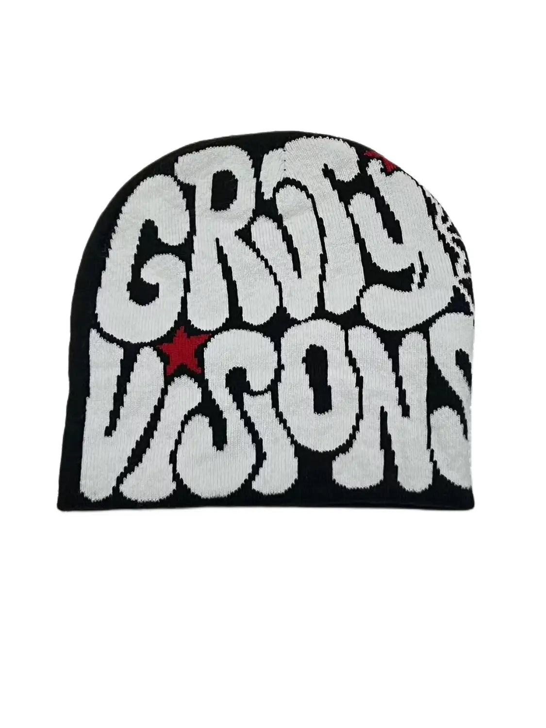 Black knitted letter jacquard beanie hat featuring bold white groty visions lettering and a red star accent.