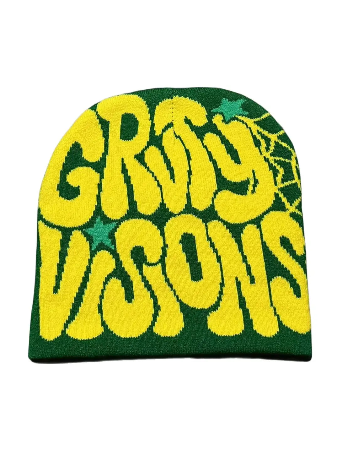 Green knit knitted letter jacquard beanie hat featuring bold yellow gry visions lettering and small star details.
