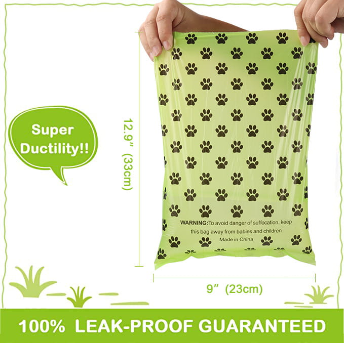 Light green plastic dog poop bag with black paw print pattern designed for pet waste disposal with dispenser and refill rolls.