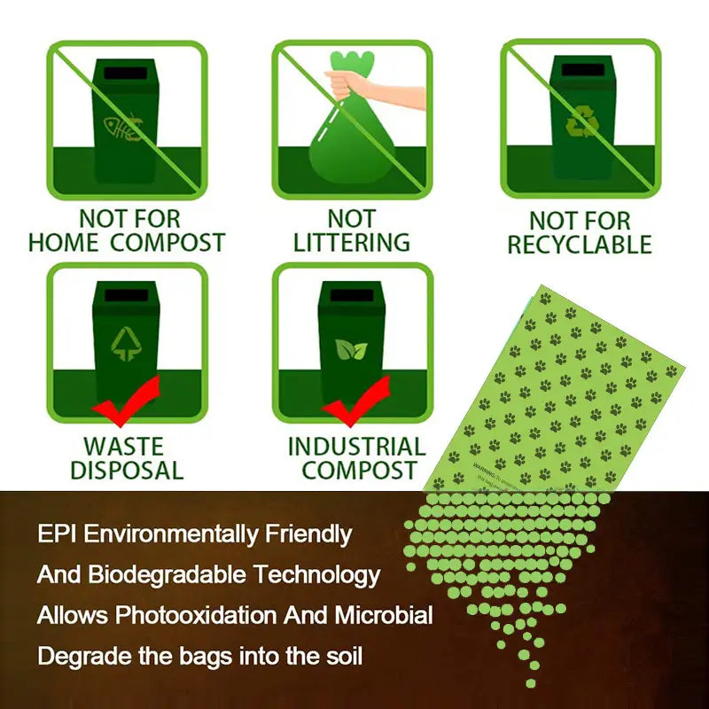 Dog poop bags with dispenser and refill rolls featuring green paw-print patterned biodegradable material designed for industrial composting.