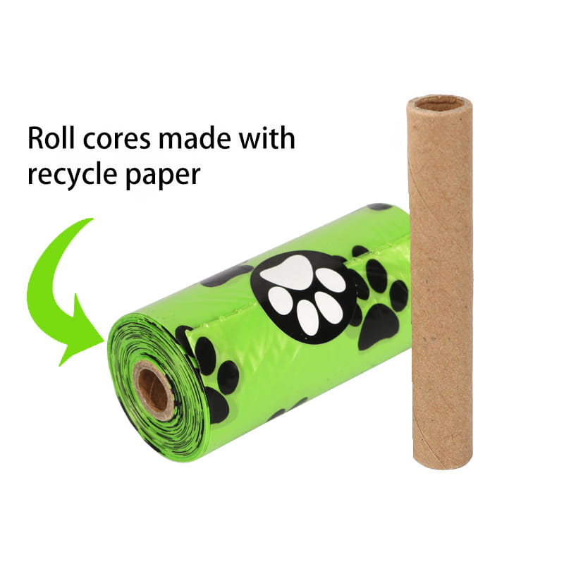 Bright green plastic roll of dog poop bags with black paw print designs featuring a dispenser and refill rolls for pet waste disposal.
